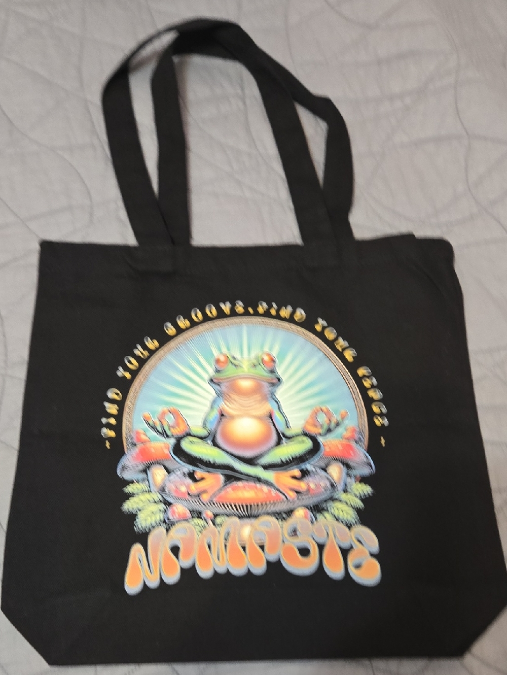 Black Tote Bag with Colorful Meditating Frog Graphic